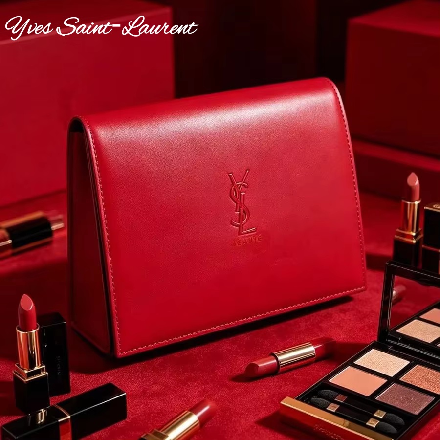 Ysl Beauty Makeup Bag - Bolsa Cosmética de Couro Vermelho YSL
